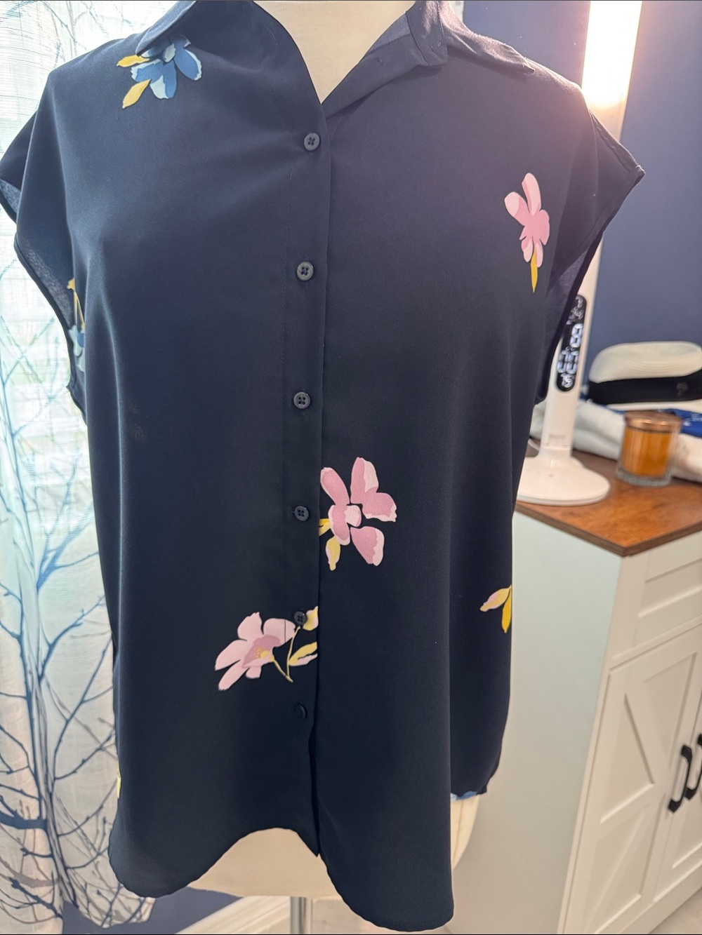 Madison - Women's Navy Floral Button-Front Top - Pink & Yellow Accents